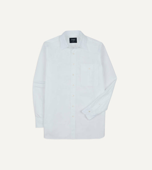 Drake's White Long Point Collar Flap Pocket Poplin Shirt