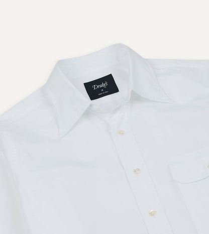 Drake's White Long Point Collar Flap Pocket Poplin Shirt