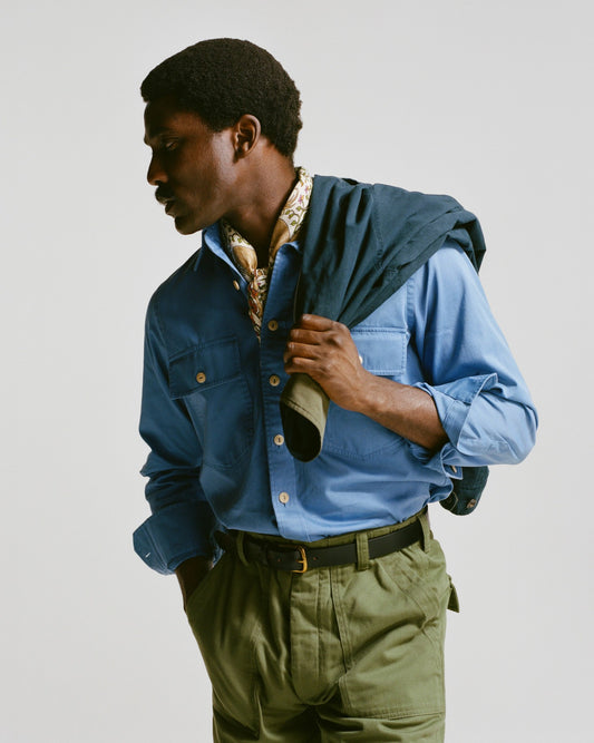 Drake's Blue Cotton Long Point Collar Work Shirt