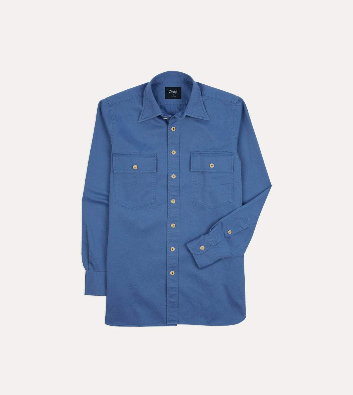 Drake's Blue Cotton Long Point Collar Work Shirt