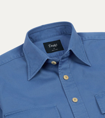 Drake's Blue Cotton Long Point Collar Work Shirt