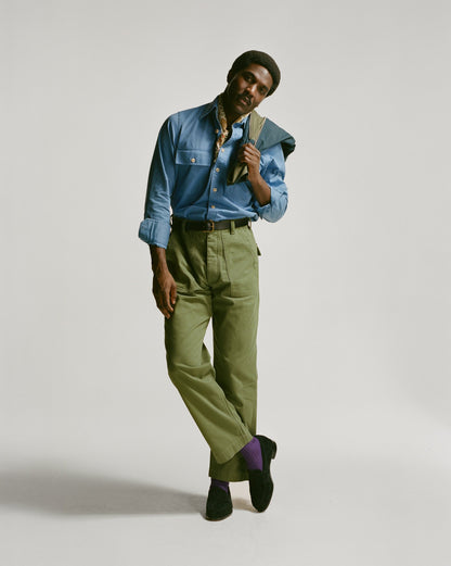 Drake's Blue Cotton Long Point Collar Work Shirt