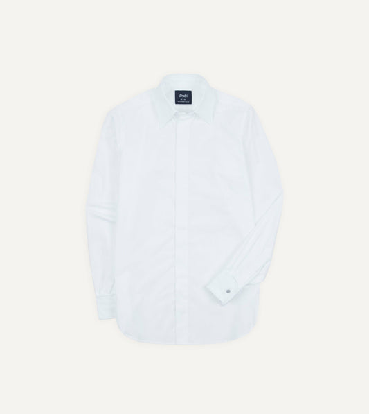 Drake's White Cotton Long Point Collar Dinner Shirt
