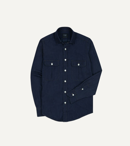 Drake's Navy Cotton Linen Two-Pocket Work Shirt