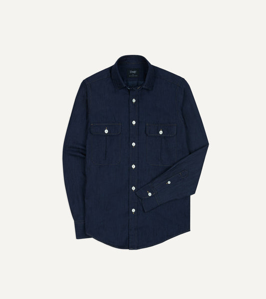 Drake's Navy Cotton Linen Two-Pocket Work Shirt