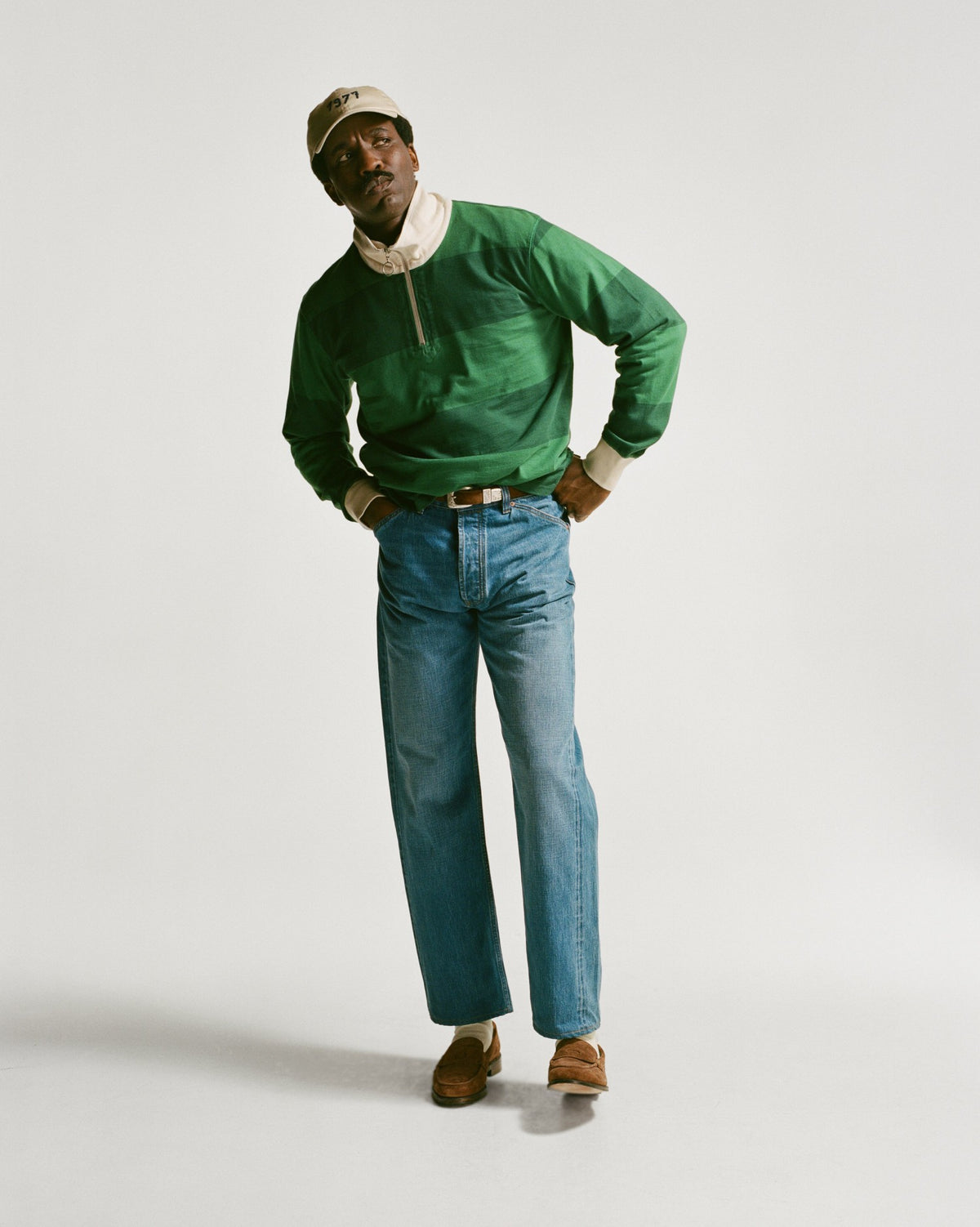 Drake's Green Block Stripe Cotton Quarter Zip Rugby Shirt