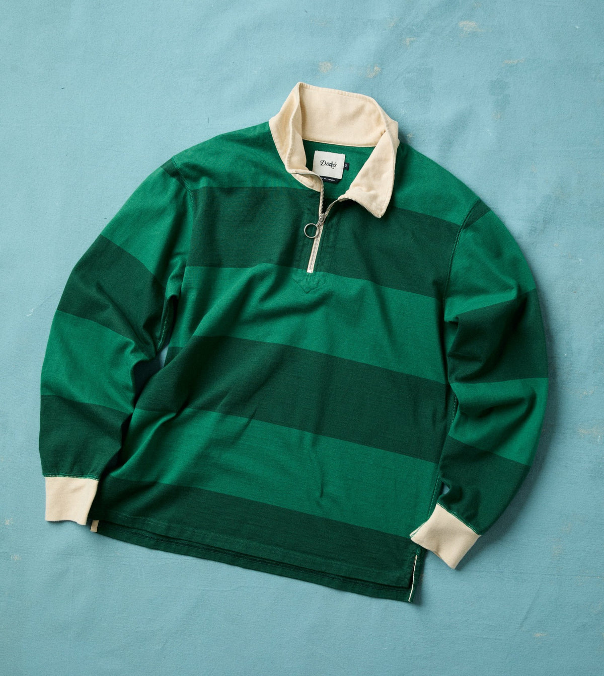 Drake's Green Block Stripe Cotton Quarter Zip Rugby Shirt