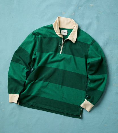 Drake's Green Block Stripe Cotton Quarter Zip Rugby Shirt
