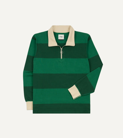 Drake's Green Block Stripe Cotton Quarter Zip Rugby Shirt