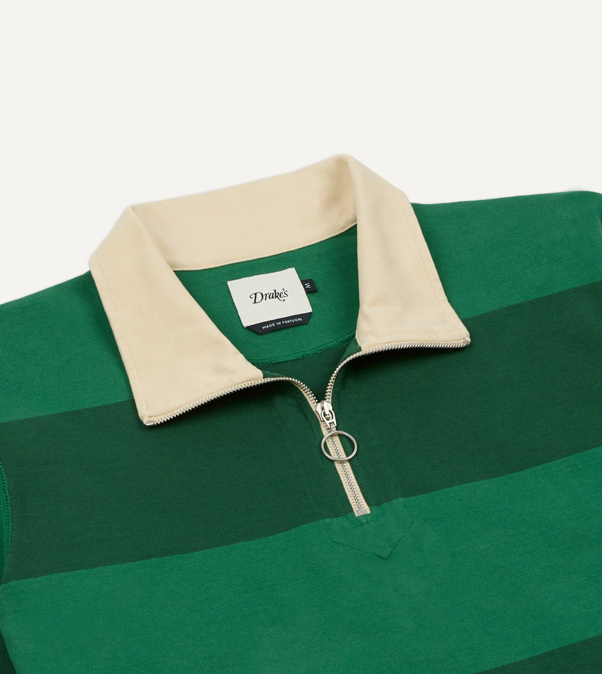 Drake's Green Block Stripe Cotton Quarter Zip Rugby Shirt