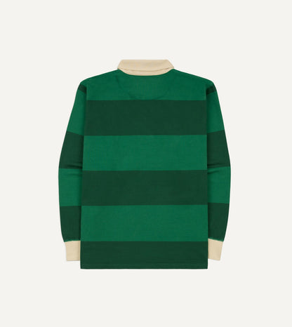 Drake's Green Block Stripe Cotton Quarter Zip Rugby Shirt