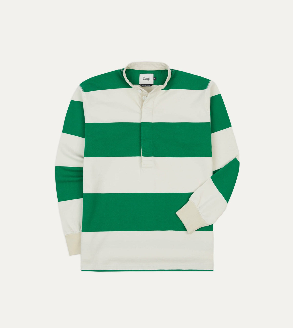 Drake's Green and White Stripe Cotton Mandarin Collar Rugby Shirt
