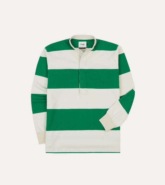 Drake's Green and White Stripe Cotton Mandarin Collar Rugby Shirt