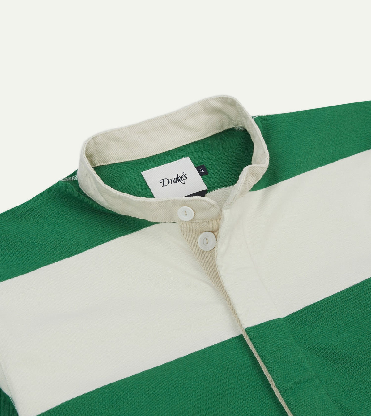 Drake's Green and White Stripe Cotton Mandarin Collar Rugby Shirt