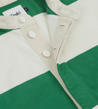 Drake's Green and White Stripe Cotton Mandarin Collar Rugby Shirt