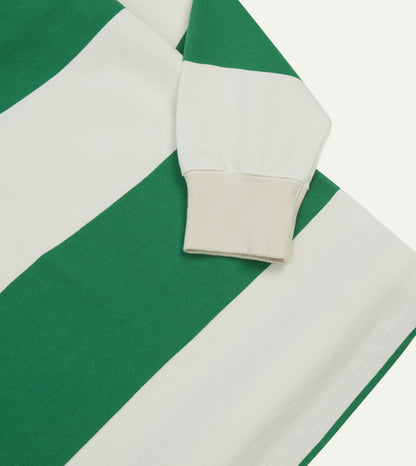 Drake's Green and White Stripe Cotton Mandarin Collar Rugby Shirt