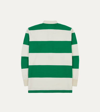 Drake's Green and White Stripe Cotton Mandarin Collar Rugby Shirt