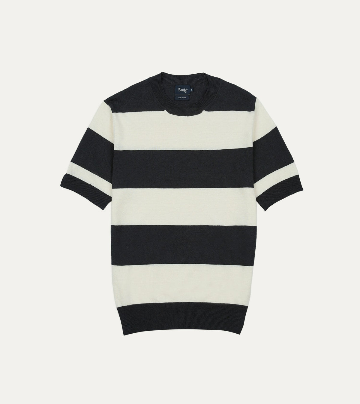 Drake's Ecru and Charcoal Stripe Crew Neck Knitted T-Shirt