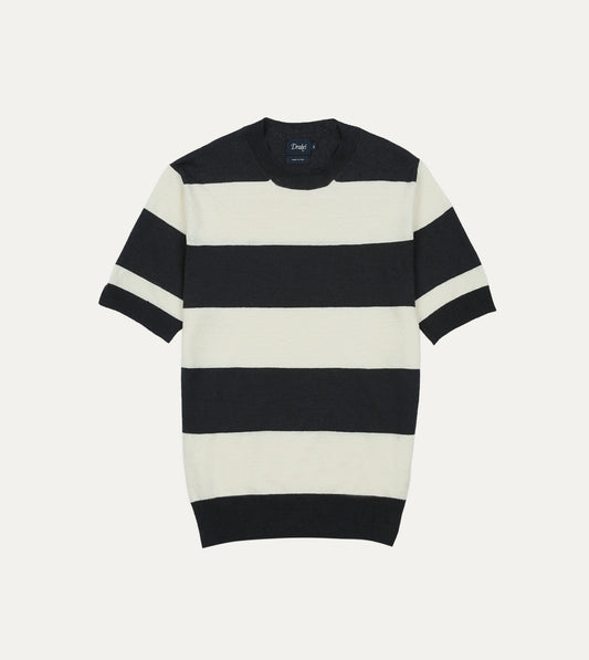 Drake's Ecru and Charcoal Stripe Crew Neck Knitted T-Shirt