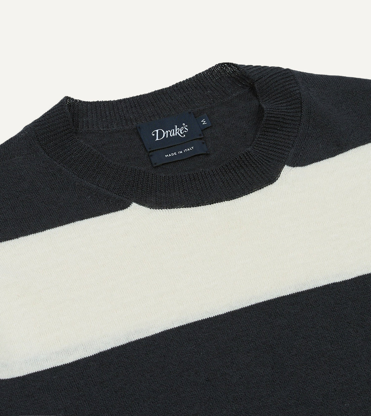 Drake's Ecru and Charcoal Stripe Crew Neck Knitted T-Shirt