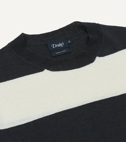 Drake's Ecru and Charcoal Stripe Crew Neck Knitted T-Shirt