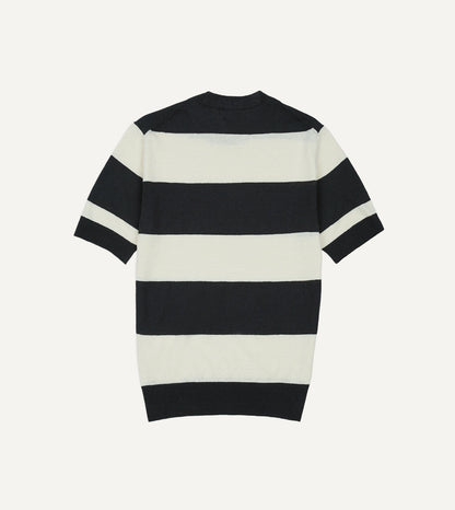 Drake's Ecru and Charcoal Stripe Crew Neck Knitted T-Shirt