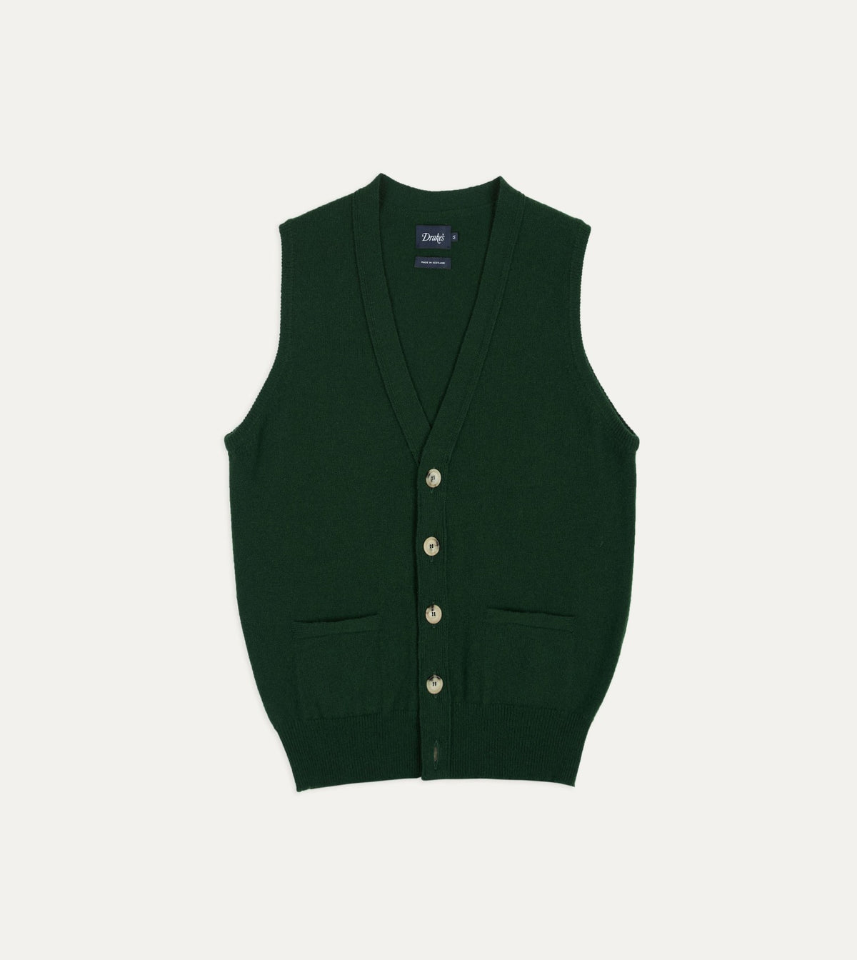 Drake's Dark Green Lambswool Sleeveless Cardigan