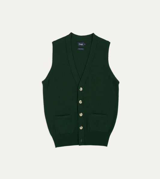 Drake's Dark Green Lambswool Sleeveless Cardigan
