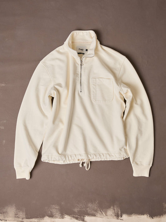Drake's Ecru Cotton Quarter Zip Collared Drawstring Sweatshirt