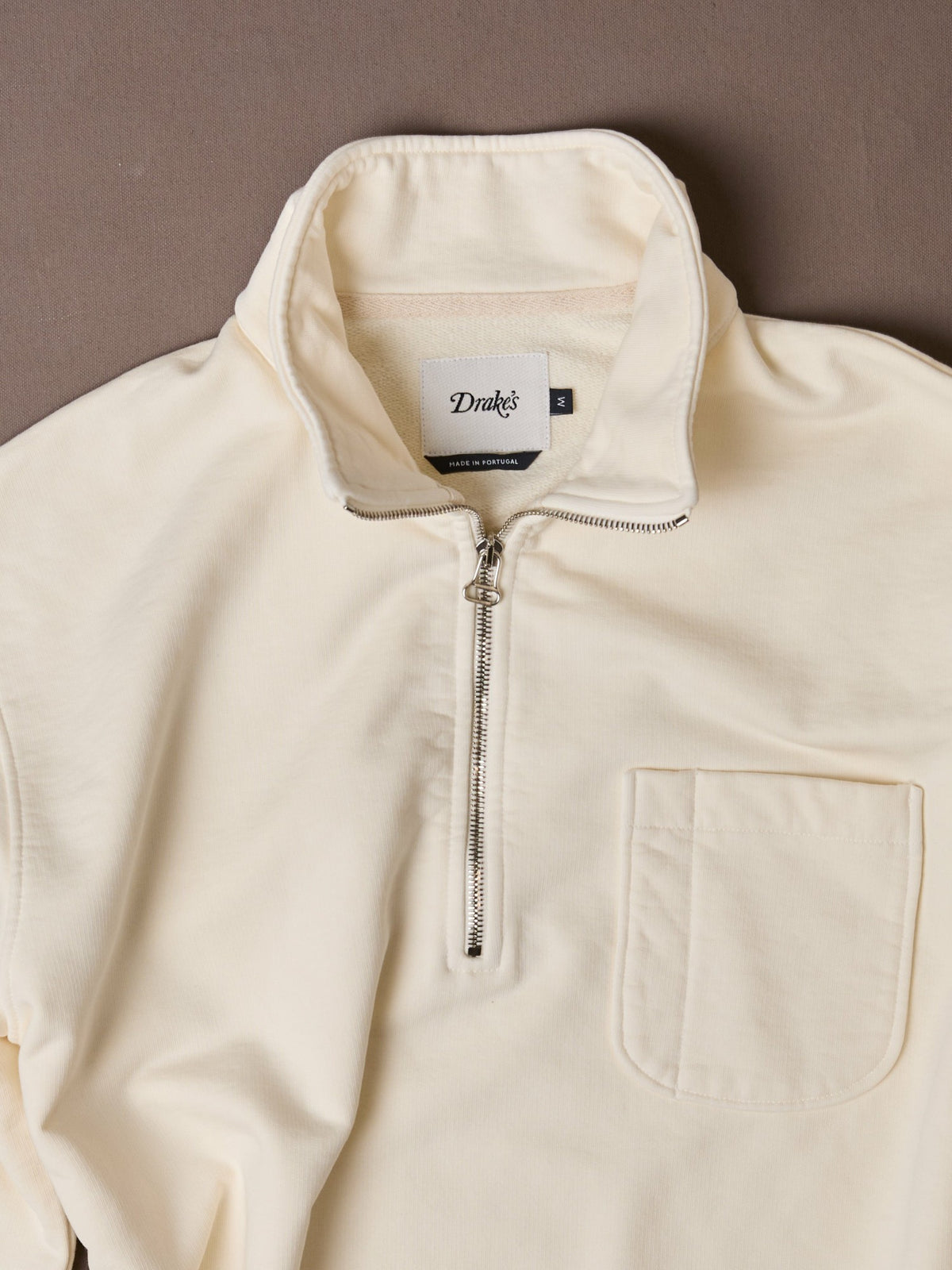 Drake's Ecru Cotton Quarter Zip Collared Drawstring Sweatshirt
