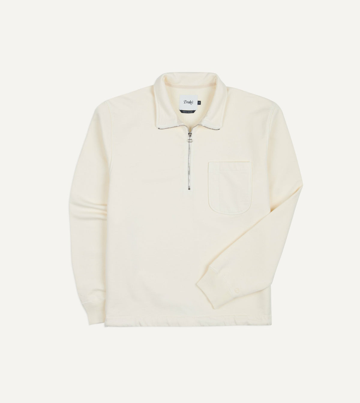 Drake's Ecru Cotton Quarter Zip Collared Drawstring Sweatshirt