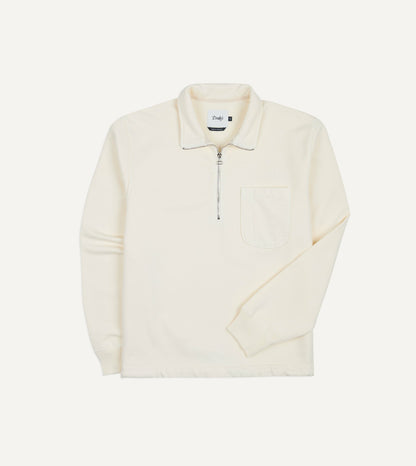 Drake's Ecru Cotton Quarter Zip Collared Drawstring Sweatshirt
