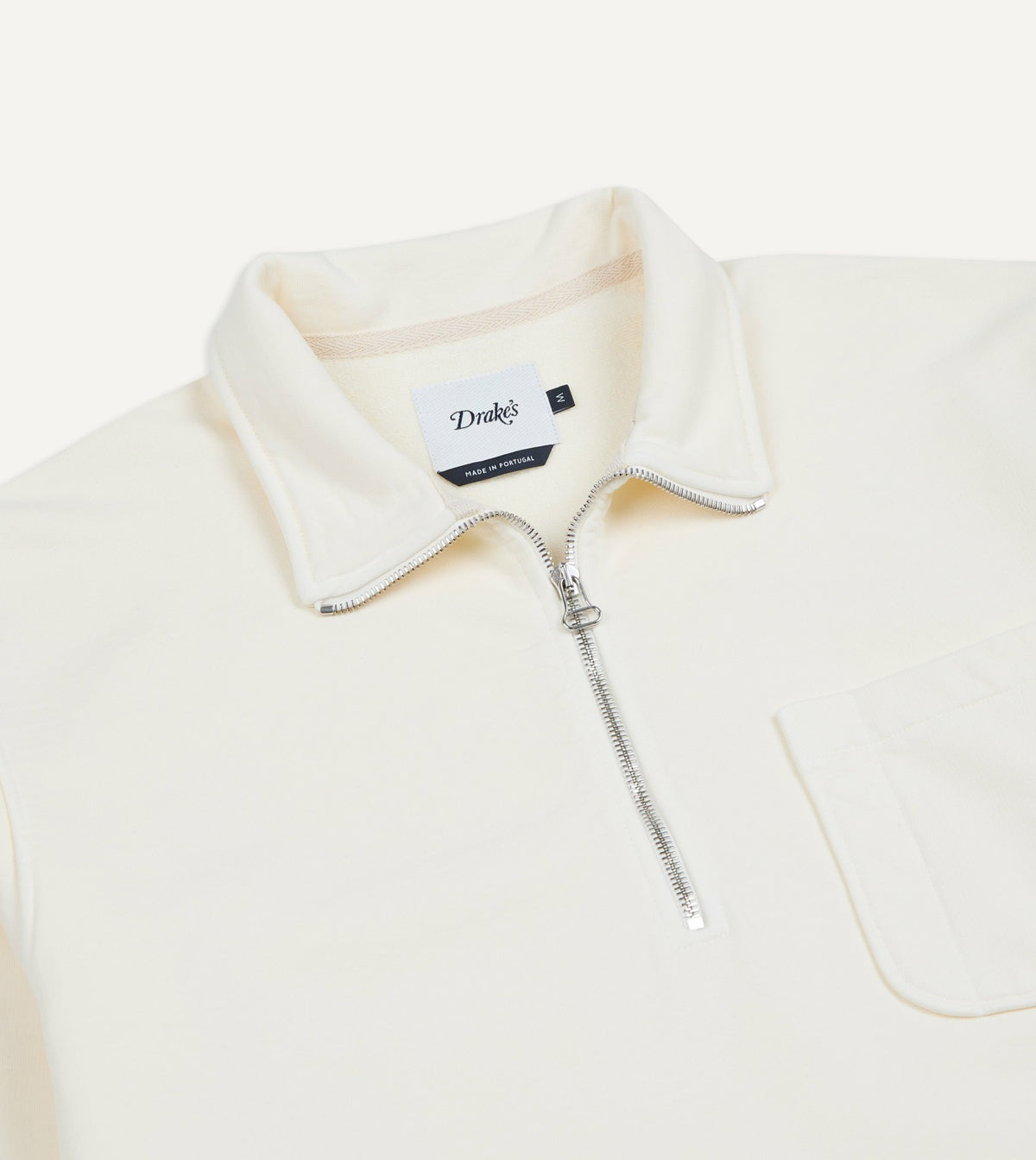 Drake's Ecru Cotton Quarter Zip Collared Drawstring Sweatshirt