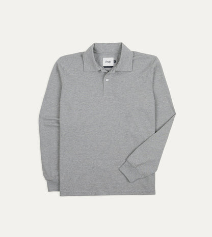 Drake's Grey Melange Cotton Jersey Long-Sleeve Polo Shirt