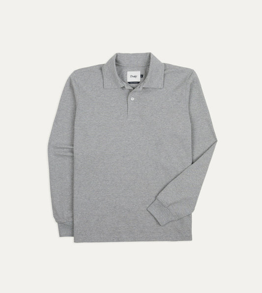 Drake's Grey Melange Cotton Jersey Long-Sleeve Polo Shirt