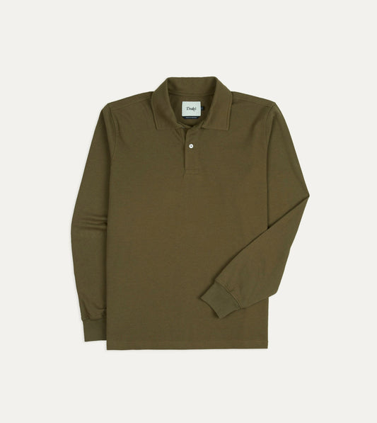 Drake's Olive Cotton Jersey Long-Sleeve Polo Shirt