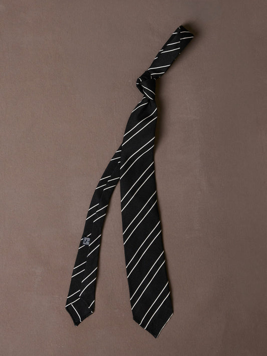 Drake's Black and White Sandwich Stripe Hand Rolled Silk Grenadine Tie