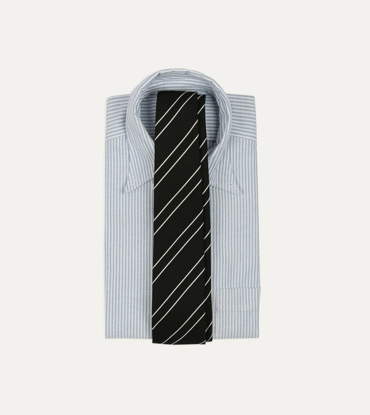 Drake's Black and White Sandwich Stripe Hand Rolled Silk Grenadine Tie