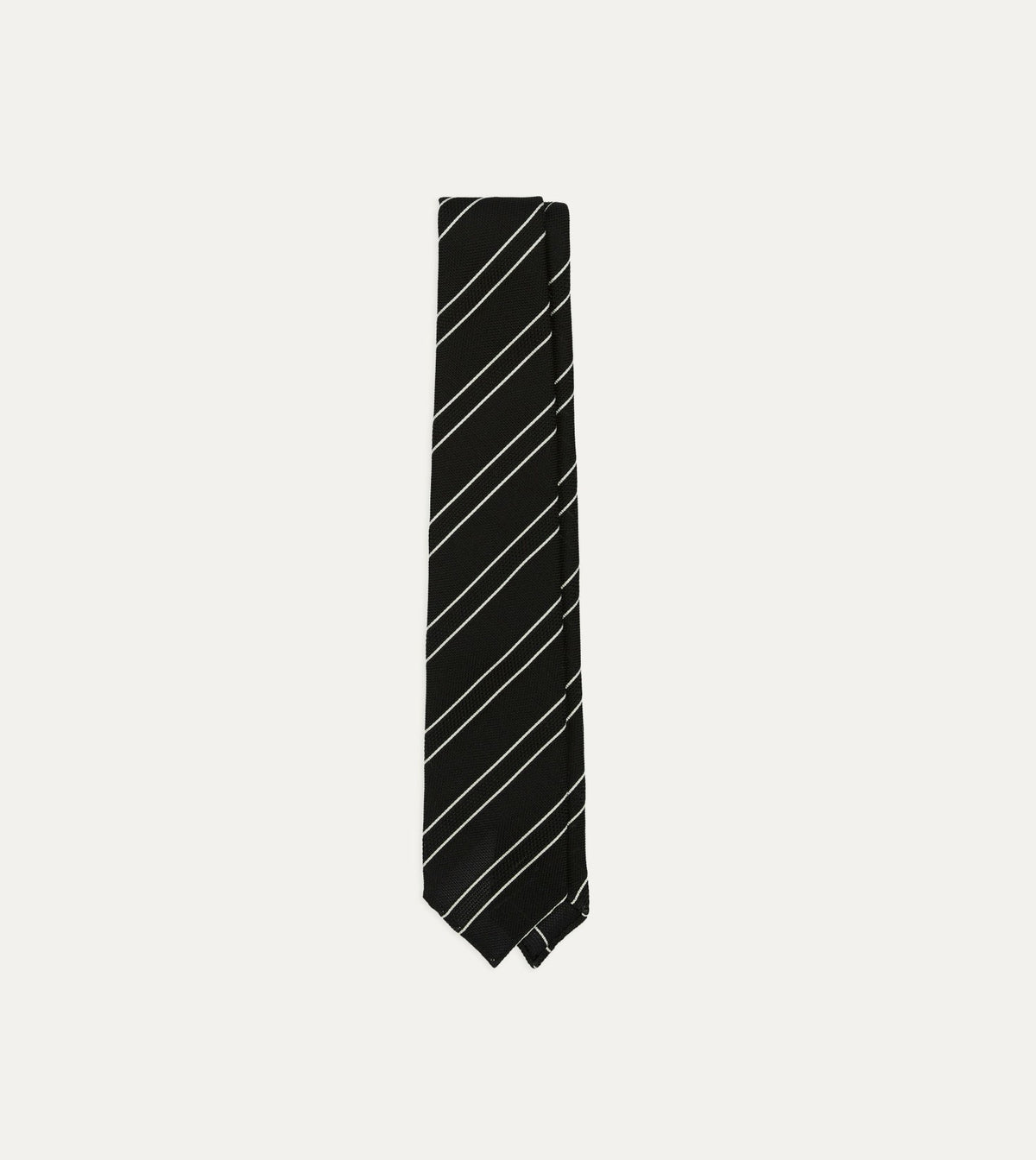 Drake's Black and White Sandwich Stripe Hand Rolled Silk Grenadine Tie
