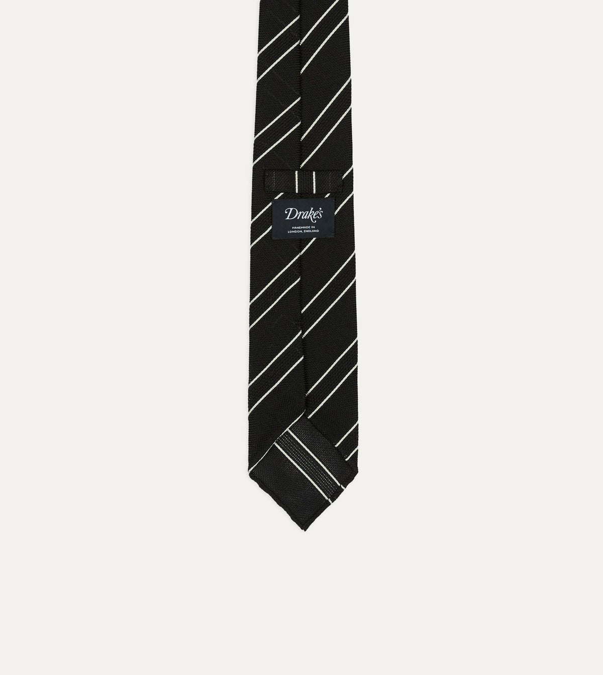 Drake's Black and White Sandwich Stripe Hand Rolled Silk Grenadine Tie