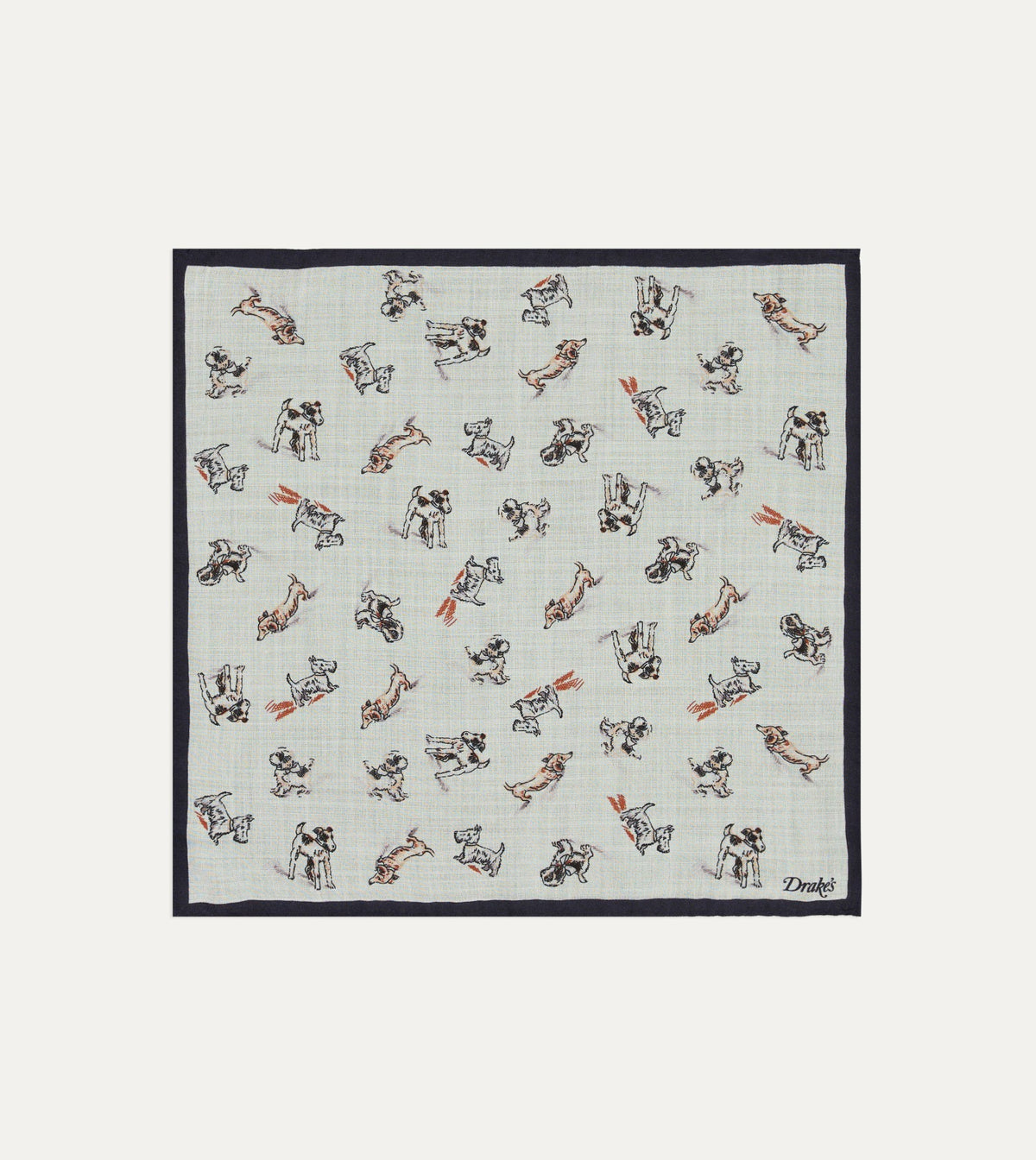 Drake's Ecru Dogs Print Wool-Silk Pocket Square