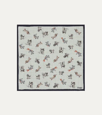 Drake's Ecru Dogs Print Wool-Silk Pocket Square
