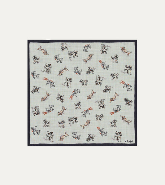 Drake's Ecru Dogs Print Wool-Silk Pocket Square