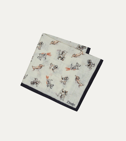Drake's Ecru Dogs Print Wool-Silk Pocket Square