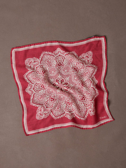 Drake's Red Paisley Tile Print Wool-Silk Pocket Square