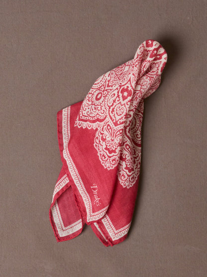 Drake's Red Paisley Tile Print Wool-Silk Pocket Square