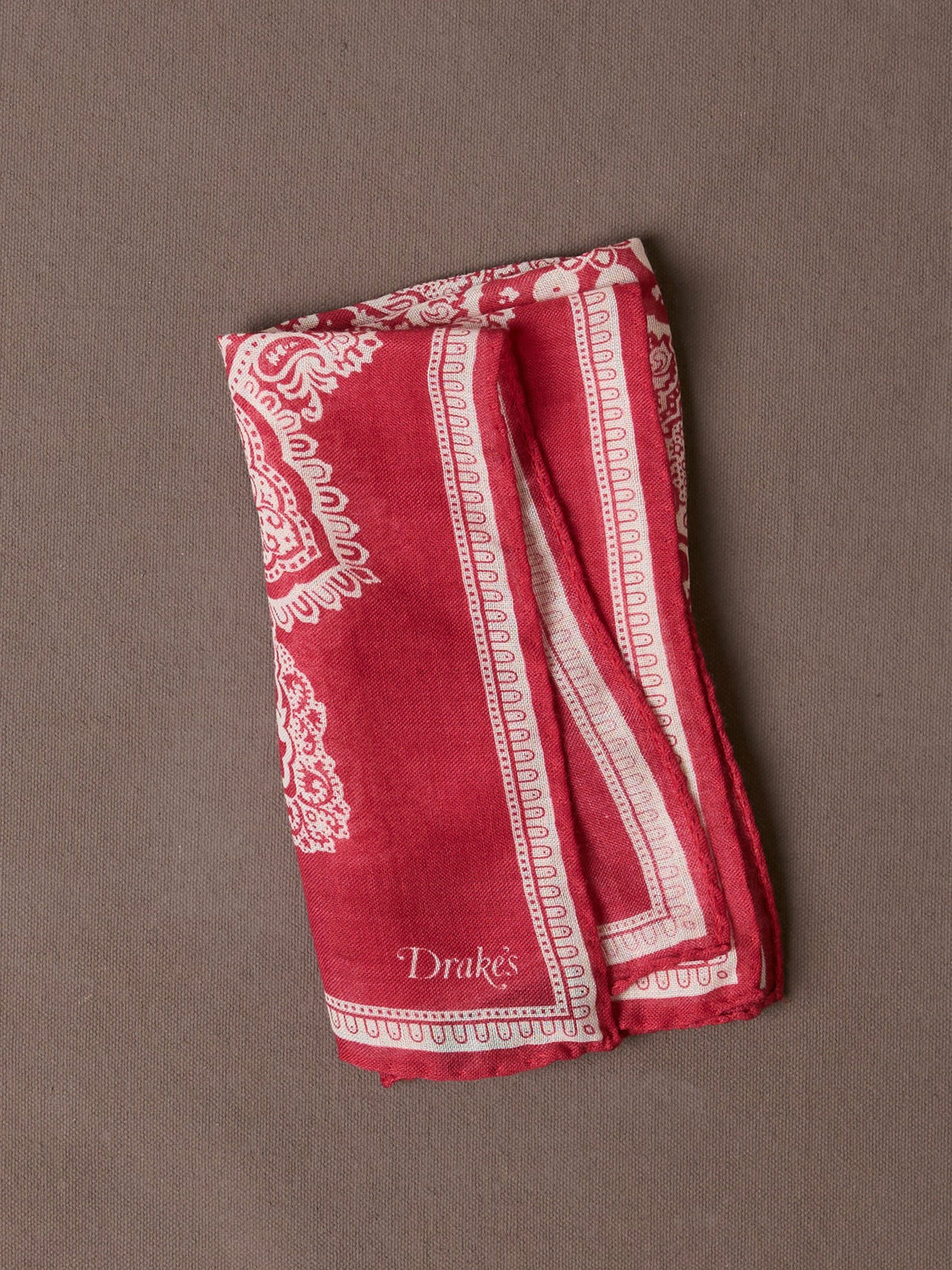 Drake's Red Paisley Tile Print Wool-Silk Pocket Square