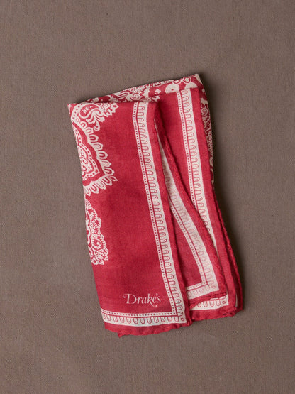 Drake's Red Paisley Tile Print Wool-Silk Pocket Square