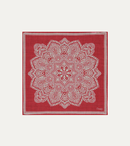 Drake's Red Paisley Tile Print Wool-Silk Pocket Square