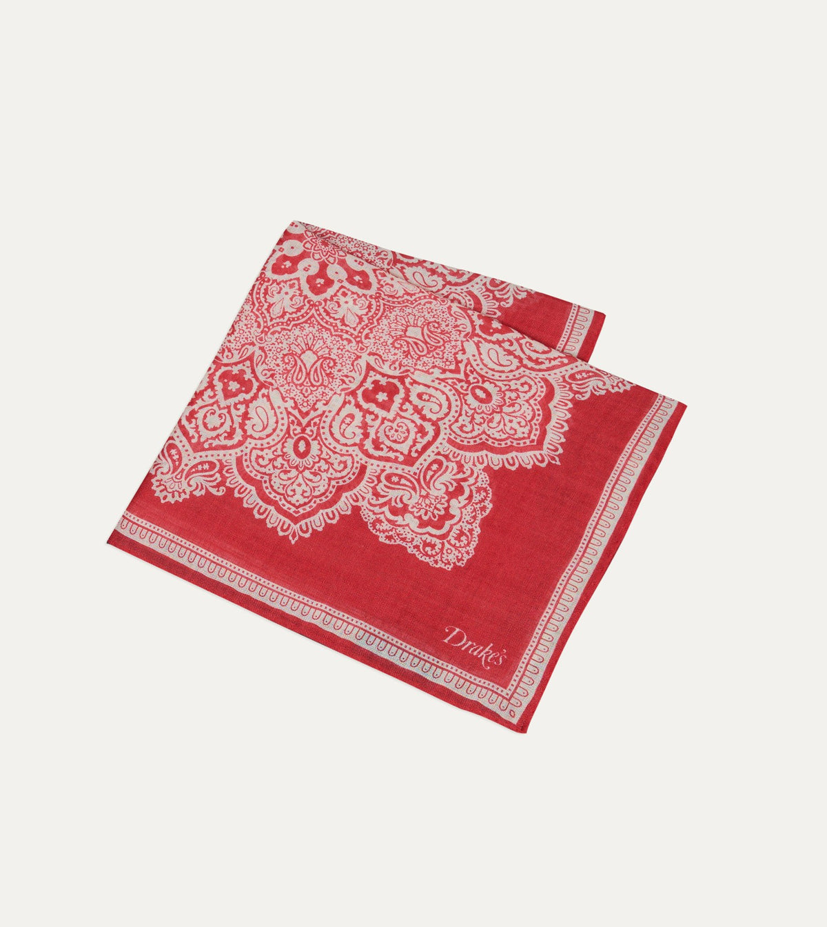 Drake's Red Paisley Tile Print Wool-Silk Pocket Square